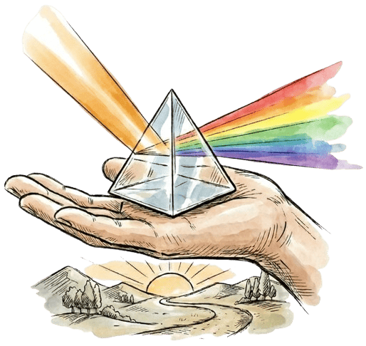 A prism on the palm of a hand dispersing light into a rainbow.