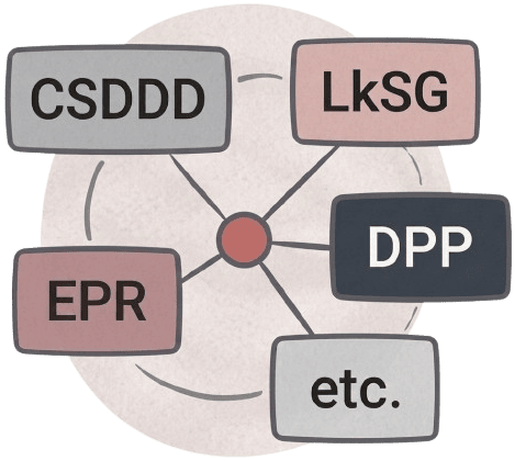 Icon representing complex regulatory compliance of CSDDD, LkSG, DPP, EPR, etc.
